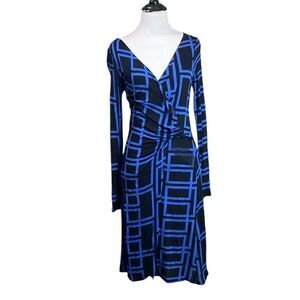 Anthropologie Julienne W Dress Blue Black GEO Long Sleeve Faux Wrap